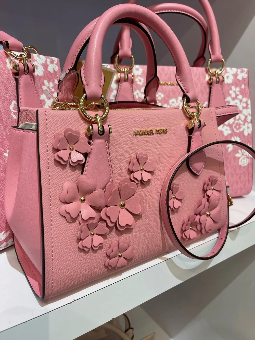 MICHAEL KORS Marilyn Sm Floral Embellished Satchel Messenger Cros Carnation  NWT